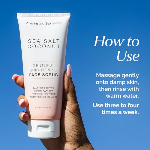 Gentle & Brightening Face Scrub with Sea Salt & Coconut – Exfoliates, Hydrates & Reduces Blemishes – Balancing Facial Cleanser for All Skin Types – 5.1 fl oz