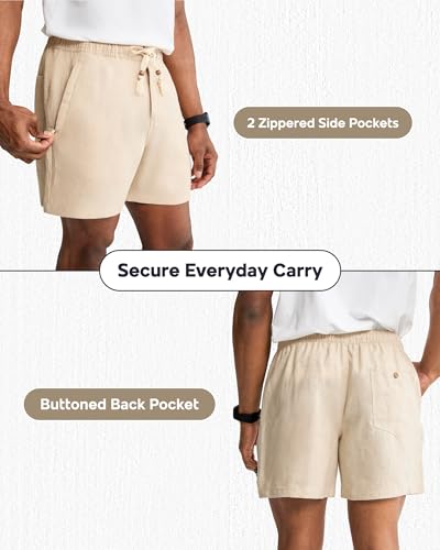 maamgic Mens 100% Linen Shorts Casual Drawstring Elastic Waist, Breathable Summer Shorts for Men Beach Vacation with Pockets Light Khaki