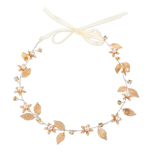 KALIONE Gold Leaf Headband Wedding Bridal Boho Hair Piece Flower Girl Headpiece Pearl Accessories for Kids Gold Hair Vine for Prom Party