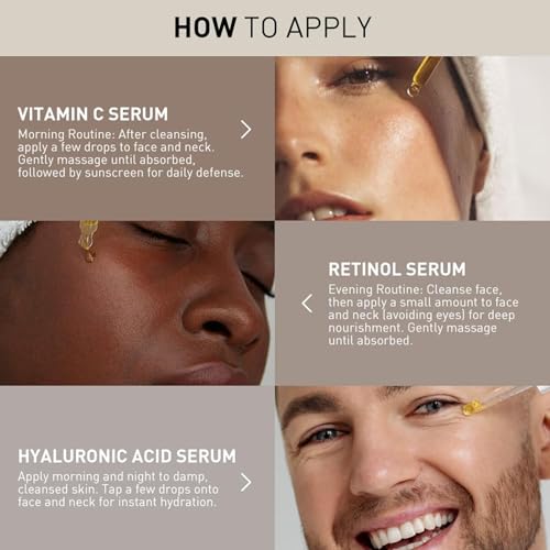 Wumal 3 Pack Face Serum Set - Includes Vitamin C, Retinol & Hyaluronic Acid - Firming, Brightening & Hydrating - Reset Your Skin Day and Night