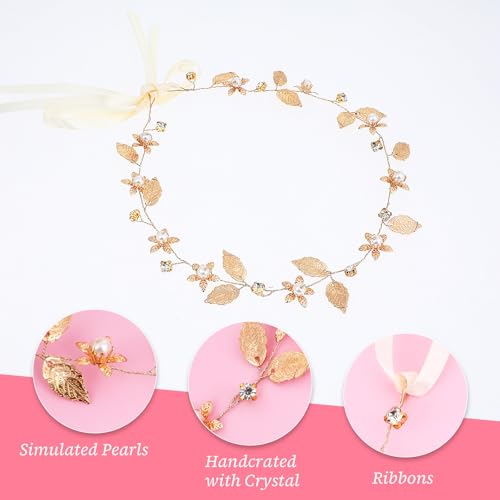 KALIONE Gold Leaf Headband Wedding Bridal Boho Hair Piece Flower Girl Headpiece Pearl Accessories for Kids Gold Hair Vine for Prom Party