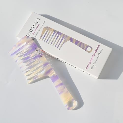 MANETURAL D1 | Wide Tooth Handle comb for Curly Hair| Elevates, Preserves Curl, Eliminates frizz, Acetate comb(White Purple)