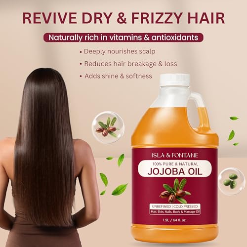 ISLA & FONTANE Jojoba Oil – 64 fl oz | 100% Pure & Natural | Golden, Unrefined, Cold Pressed | Hexane-Free Carrier Oil for Skin, Hair, Face, Nails & Body Moisturizing