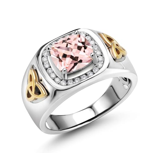 Gem Stone King 2.26 Ct Peach Nano Morganite and Lab Grown Diamond Men's Ring | 925 Silver and 10K Yellow Gold | Cushion 8MM | October Birthstone | Available in Size 7, 8, 9, 10, 11, 12, 13 | Size 11
