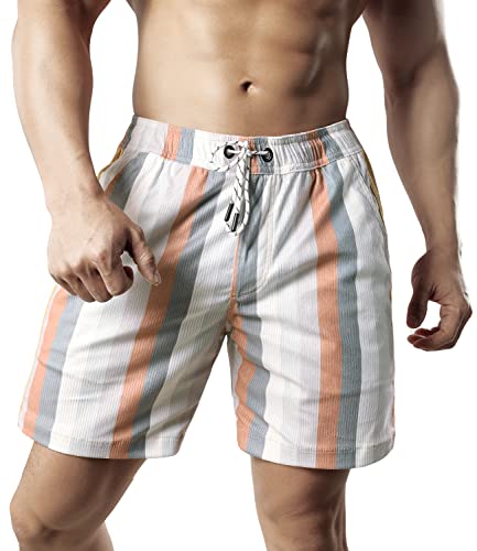 JOTOOK Men's Casual Drawstring Corduroy Shorts Elastic Waist Summer Shorts with Pocket Printed Short Medium Grey White Stripe