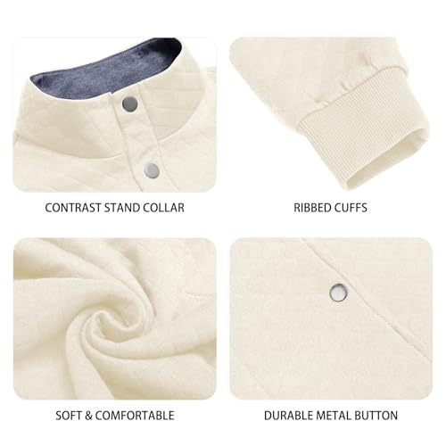 URRU Quilted Sweatshirts for Men Contrast Stand Collar Casual Quarter Button Long Sleeve Cotton Pullover Sweater White XXL