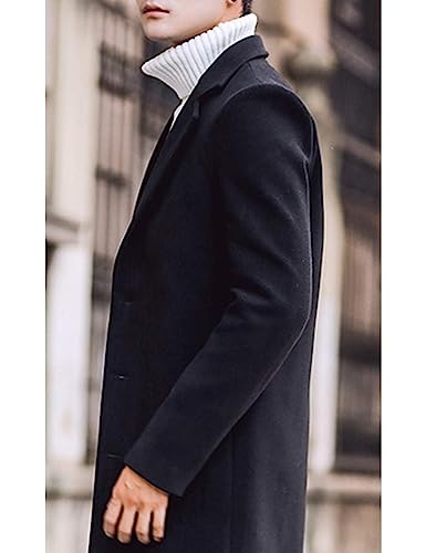 Springrain Men's Wool Blend Pea Coat Notched Collar Single Breasted Overcoat Warm Winter Trench Coat(Black-XS)