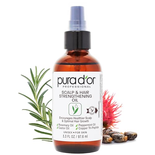 PURA D'OR Scalp & Hair Strengthening Oil Supports Optimal Growth, Reduce Breakage, Nourish Roots for Healthier, Fuller, Thicker Hair - Rosemary, Castor & Peppermint Oil: 3.3 Oz Ayurvedic Hair Care
