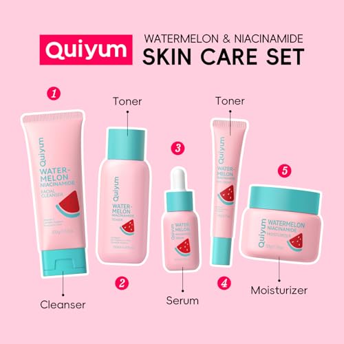 QUIYUM Watermelon & Niacinamide Skincare Set for Women Teens Girls, 5PCS