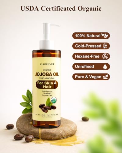 FLOWHYET USDA Organic Jojoba Oil Cold Pressed, 100% Pure, 16 fl oz, 2 Pack