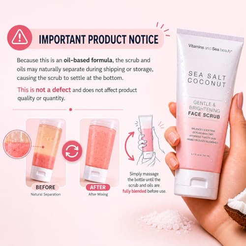 Gentle & Brightening Face Scrub with Sea Salt & Coconut – Exfoliates, Hydrates & Reduces Blemishes – Balancing Facial Cleanser for All Skin Types – 5.1 fl oz