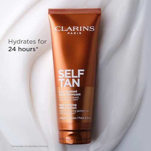 Clarins NEW Self-Tanning Milky Lotion | Self Tanner for Face and Body | Buildable, Streak-Free, Long-Lasting, Natural, Sun-Kissed Glow | 24H Hydration*| Contains Aloe Vera & Glycerin | 4.5 Ounces