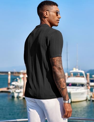 COOFANDY Men's Short Sleeve Knit Shirts Vintage Button Down Polo Shirt Casual Beach Tops, Black, X-Large