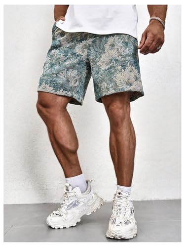 GORGLITTER Men's Floral Embroidery Drawstring Shorts Graphic Paisley Casual Gym Shorts Blue Medium