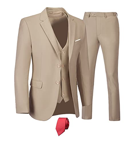 Men Suits 3 Piece Tan Suit Set for Men, Slim Fit Two Button Business Wedding Prom Tuxedo Suit Blazer Vest Pants with Tie-L