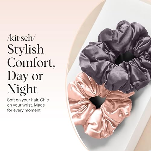 Kitsch Pillow Satin Scrunchies for Women -Blush/Charcoal, 2pcs
