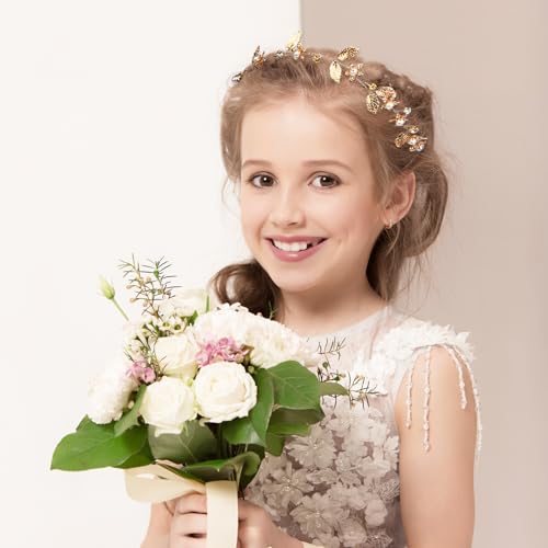 KALIONE Gold Leaf Headband Wedding Bridal Boho Hair Piece Flower Girl Headpiece Pearl Accessories for Kids Gold Hair Vine for Prom Party