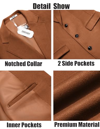COOFANDY Mens Trench Coat Winter Casual Slim Fit Overcoat Long Single Breasted Coat Notched Collar Wool Blend Coat With Pockets