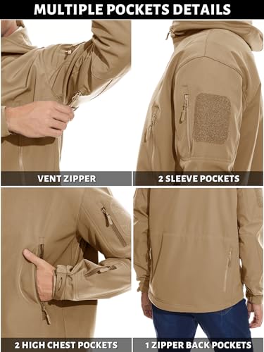 TACVASEN Waterproof Jacket for Men's Snowboard Special Ops Military Tactical Soft Shell Rain Jacket Warm Ski Coats with Hood Hiking Sand XL