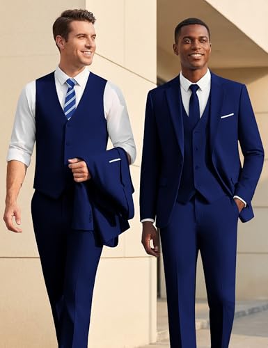 WULFUL Men’s Slim Fit Suit One Button 3-Piece Blazer Dress Business Wedding Party Jacket Vest & Pant Blue