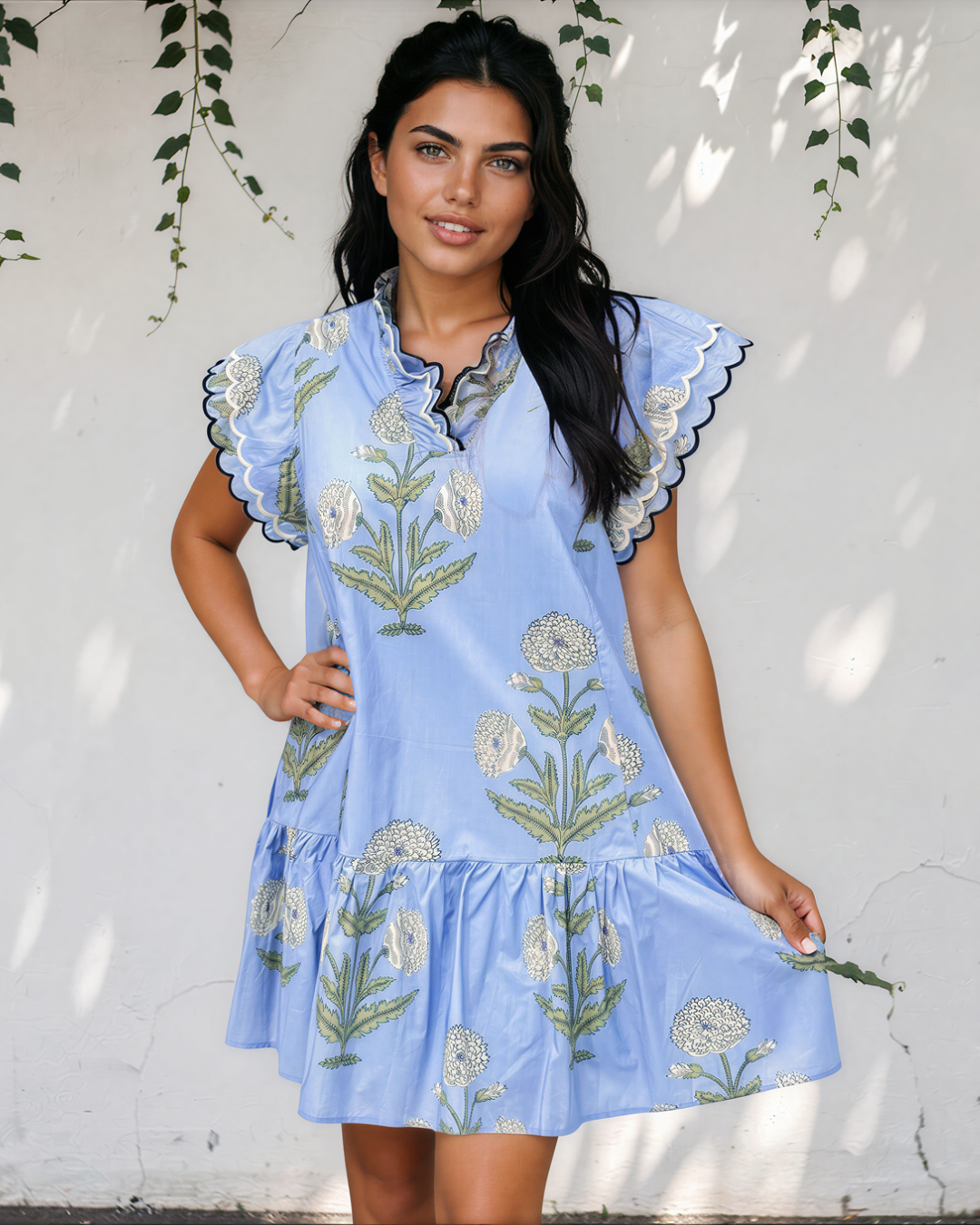 Everrett Scalloped Embroidery Trim V Neck Drop Waist Mini Dress