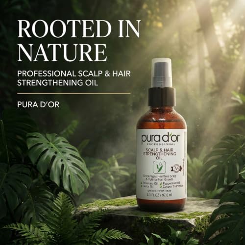 PURA D'OR Scalp & Hair Strengthening Oil Supports Optimal Growth, Reduce Breakage, Nourish Roots for Healthier, Fuller, Thicker Hair - Rosemary, Castor & Peppermint Oil: 3.3 Oz Ayurvedic Hair Care