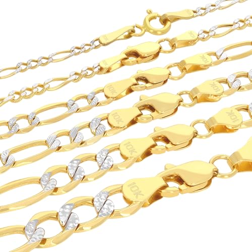 Nuragold 10k Real Yellow Gold Figaro Link Pave Diamond Cut Chain Necklace - 22",4.5mm