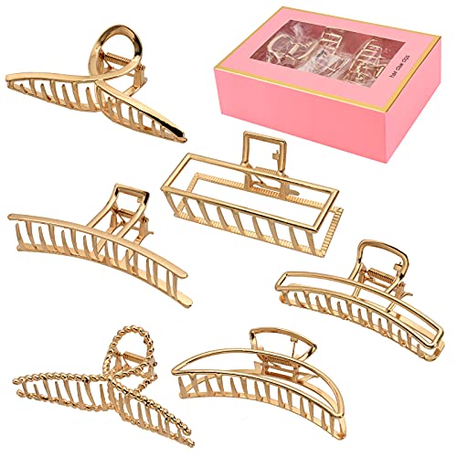 LUKACY 6 Pack Gold Metal Hair Clips - 4 Inch Large Jaw Clips for Women, Strong Hold Hair Claws for Thick or Thin Hair, Fashion Hair Accessories for Styling