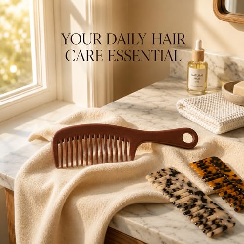 Wide Tooth Comb Set, 3-Piece Cellulose Acetate Detangler with 2 Travel Sizes and 1 Handled Home Comb, Anti-Static for Curly, Thick, Wavy, Wet or Dry Hair