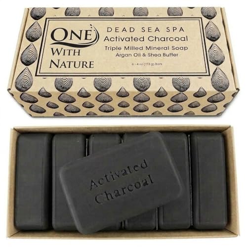 One With Nature Activated Charcoal Soap 4oz 6-Pack Gift Box – Detoxifying and Exfoliating Charcoal Soap Bar with Dead Sea Salt for Face & Body, for Men & Women
