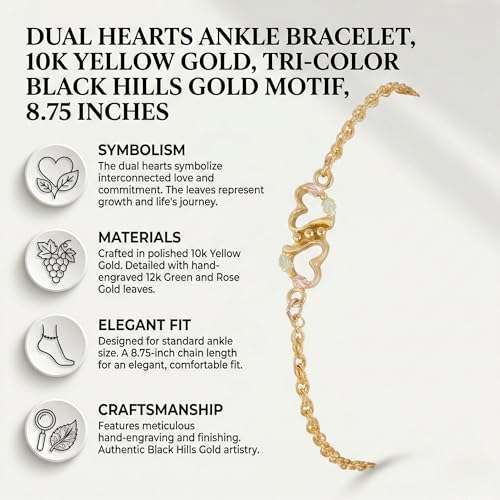 Black Hills Gold Dual Hearts Ankle Bracelet, 10k Yellow Gold with 12k Green and Rose Gold Accents, Tri-Color Heart Anklet for Women, 8.75 Inches