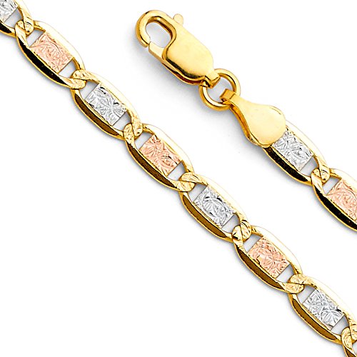 14k REAL Tri Color Gold Solid 3mm Diamond Cut Chain Bracelet with Lobster Claw Clasp - 7.5"