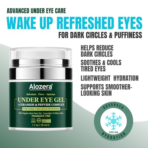Alozera Wake Up Under Eye Gel Cream with Aloe Vera, Collagen & Cucumber, Anti-Aging, Hydrating, Soothing & Cooling Treatment for Dark Circles, Puffiness and Under Eye Bags, Fast-Absorbing, Day & Night
