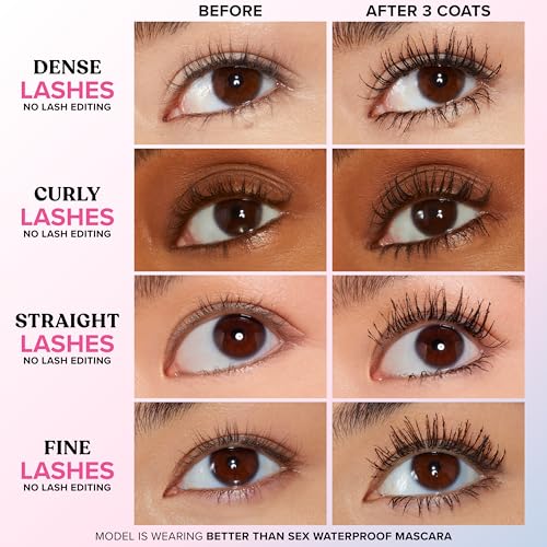 Too Faced Better Than Sex Waterproof Mascara | Volumizing and Lengthening Waterproof Mascara + Hourglass Brush | Formula for Dramatic Lashes | Cruelty-Free Eye Makeup, Black, 0.27 Fl Oz