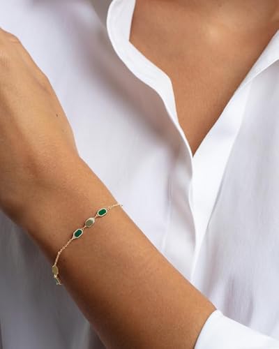 Floreo 14k Yellow Gold Malachite & Mother of Pearl Inlay Links Bracelet Solid Beaded Chain Bracelet, 7.5 Inch, with 0.5" Extender