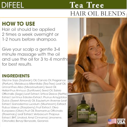 Difeel Tea Tree Hair Oil Blend 7.1 Ounces - Lightweight Hair and Scalp Treatment for Dry Scalp and Hair Care