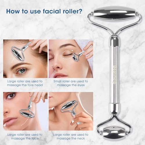 Bealihelp Face Roller and Gua Sha, Stainless Steel Facial Roller and Guasha Tool for Face, Skin Care Roller for Wrinkles and Lifting, Improve Puffiness, Metal Face Massager for Eyes, Neck Tighten