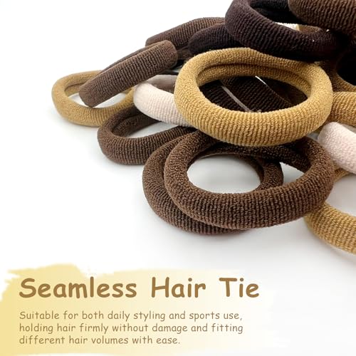 100PCS Seamless Thick Ponytail Holders, Brown Cotton Elastic Hair Bands&Ties - No-Crease, No-Damage for Women, Kids & Babies