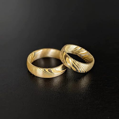 8mm Yellow Gold Damascus Rings For Men 14K Gold Wedding Bands Damascus Steel Ring Silver Stainless Steel Couples Rings with Comfort Fit Sizing Unique Engagement or Anniversery Gifts