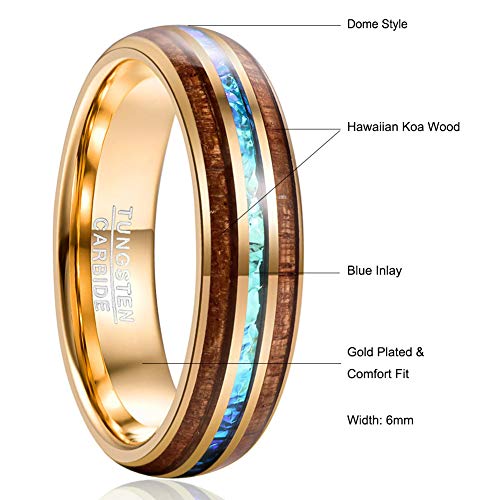 Vakki Rings for Men Women 6mm Gold Tungsten Wedding Bands Hawaiian Koa Wood and Blue Inlay 12
