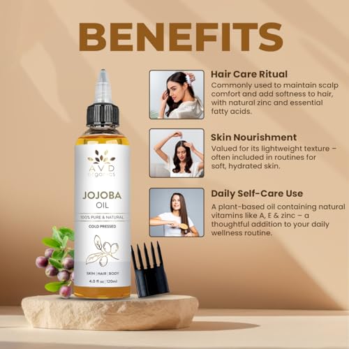 AVD ORGANICS Jojoba Oil for Hair (120ml Large) – Natural Cold-Pressed Unrefined Hexane Free huile de jojoba for Hair, Face, Scalp, Nails & Cuticles | Carrier Oil - 4.05 fl oz