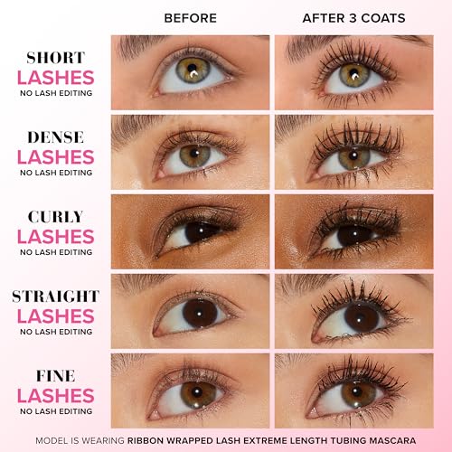 Too Faced Ribbon Wrapped Lash Mascara | Extreme-Length Tubing Mascara + 24-Hour Volume & Curl | Flake-Resistant, Smudge-Proof, Clump-Free Formula, Lash Extension Effect, Black, 0.27 Fl Oz