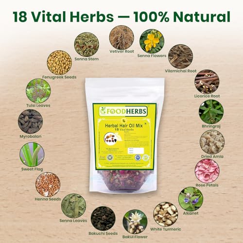 Foodherbs Premium Herbal Hair Oil Mix with 18 Ayurvedic Herbs for Natural Growth | 2x Long Hair | Strong Roots | Fuller Volume | Shiny Healthy Strands | DIY Oil Infusion | Hair Care | Thanks Giving