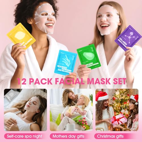12 Pack Collagen Hydrating Face Masks Skincare, Face Mask for Dry Skin