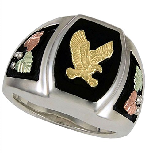 The Men's Jewelry Store 10k Yellow Bald Eagle Antiqued Ring, Sterling Silver, 12k Green and Rose Gold Black Hills Gold Motif, Size 13