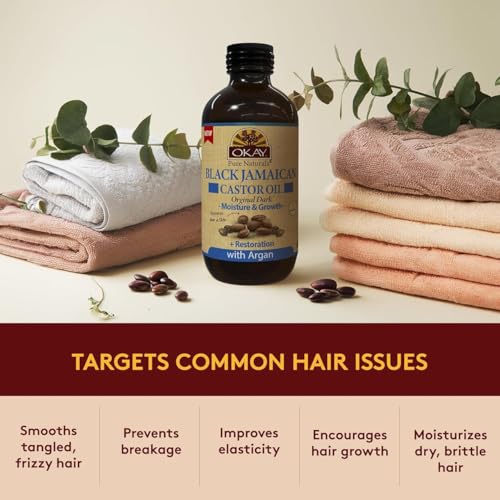 OKAY Pure Naturals Black Jamaican Castor Oil with Argan Oil - Castor for Hair Health, Moisture for Skin, Face, Scalp, Eyelashes, Eyebrows, for Men & Women - 4 Fl Oz Glass Bottle (1 Pack)