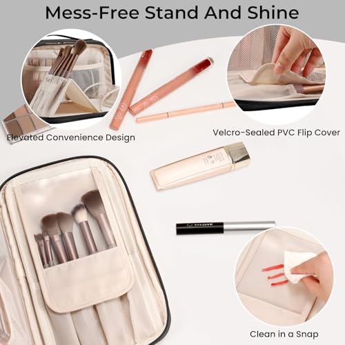 HauteHues Travel Makeup Bag for Women, Large Capacity Cosmetic Organizer & Toiletry Bag with Wide-Open Design, with Brush Holders & Compartments, Waterproof Case for Makeup & Skincare, Black