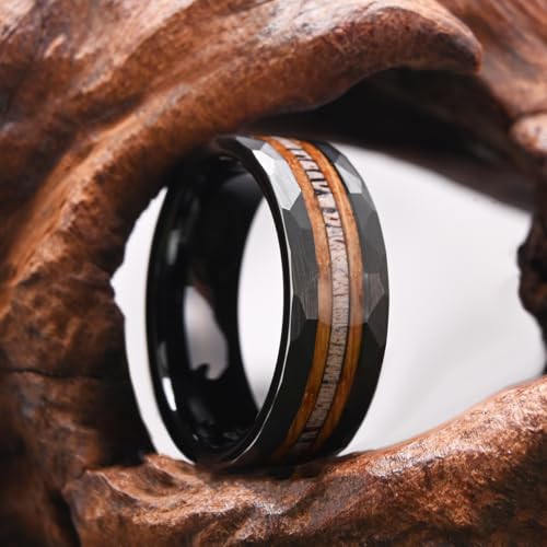 Concept Knight Tungsten Rings for Men Black Whisky barrel wood＆antlers ring