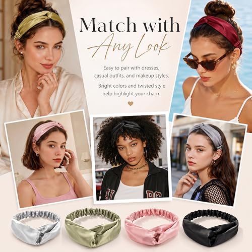 MTLEE 9 Pieces Elastic Hair Wraps and Adjustable Satin Headbands Twisted Turban Band for Face Washing, Women and Girls Hair Accessory, 9 Colors(Classic Color)