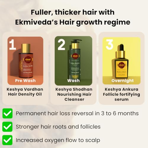 EKMIVEDA Hair Growth Set With Ayurvedic Herbs - Bhringraj, Castor, Amla, Rosemary for Hair Growth. Sulfate Free Hair Thickening Products, 3 Pcs - Oil, Shampoo & Redensyl Serum, 8.45 Fl Oz